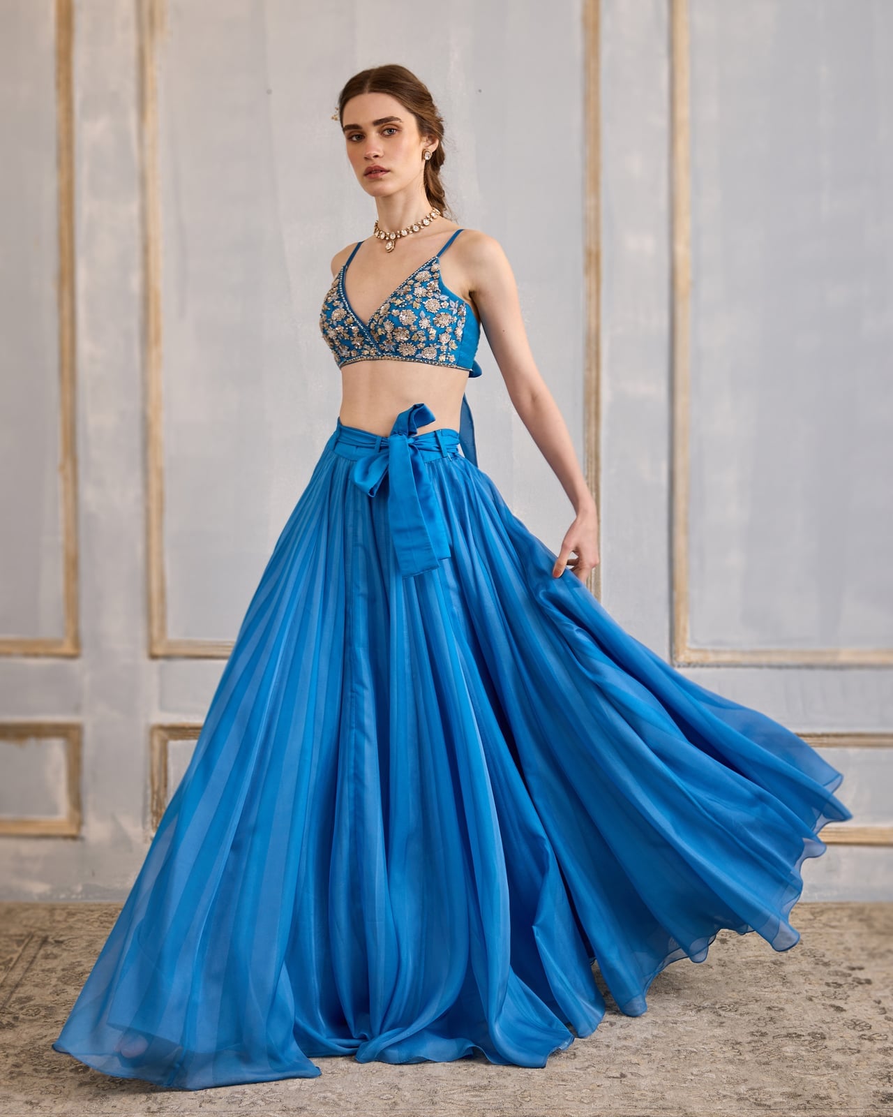 Royal Blue Flowing Skirt with Embellished Crop Top — Blue Skirt Outfit