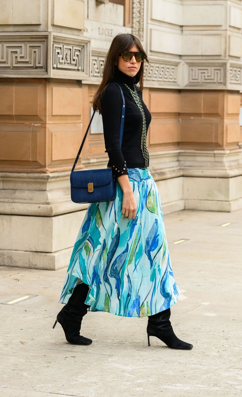 Light Blue Abstract Print Skirt with Turtleneck — Blue Skirt Outfit