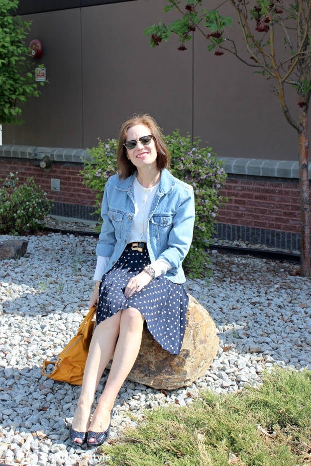 Navy Polka Dot Midi Skirt with Denim Jacket — Blue Skirt Outfit