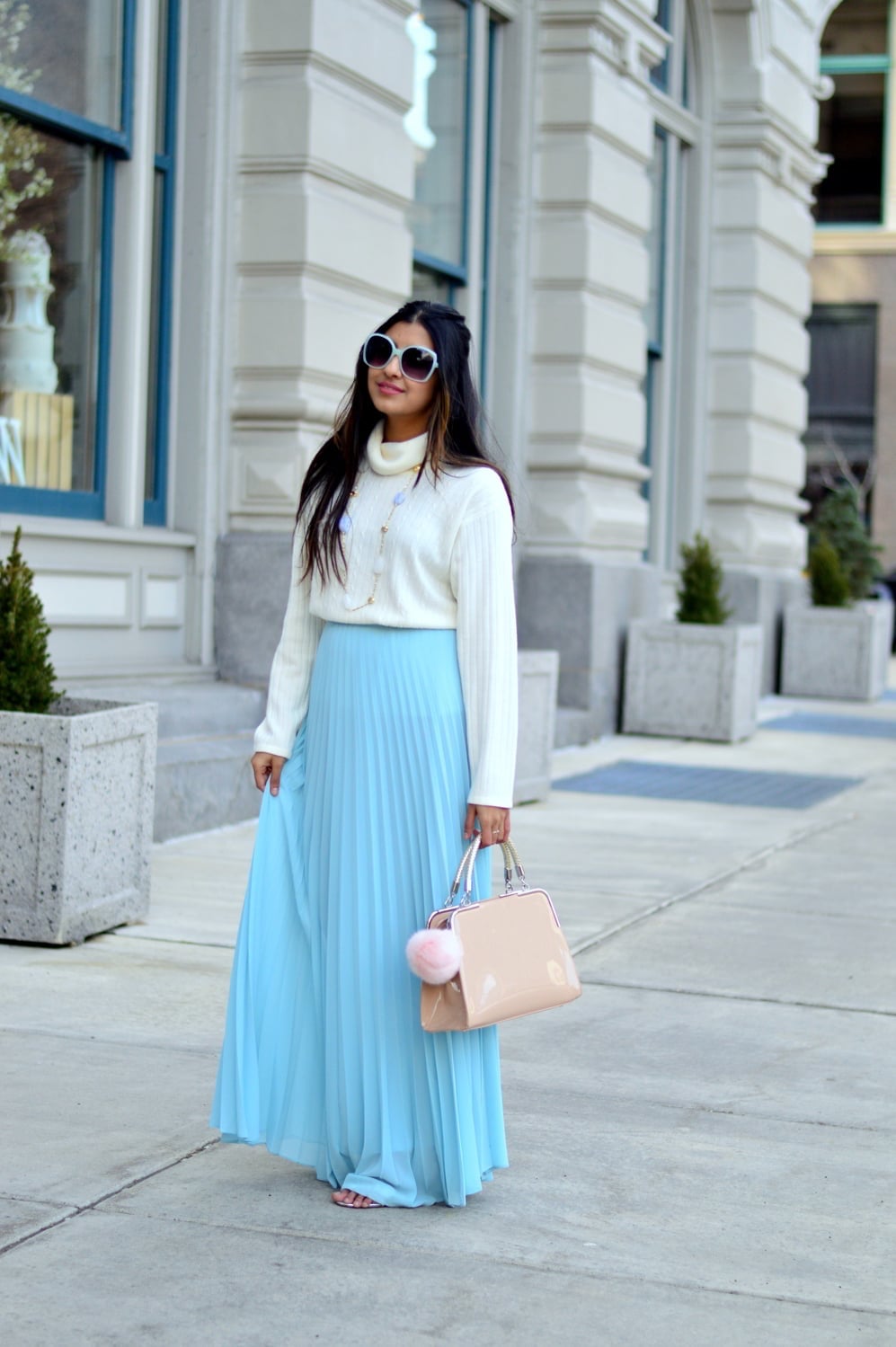 Light Blue Pleated Maxi Skirt with Turtleneck Sweater — Blue Skirt Outfit