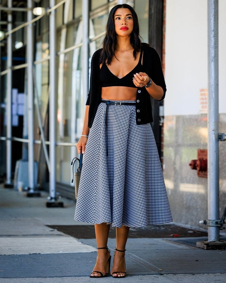 Gingham Midi Skirt with Black Bralette and Cardigan — Blue Skirt Outfit
