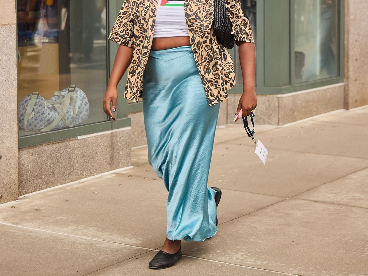 Light Blue Satin Midi Skirt with Crop Top and Shirt — Blue Skirt Outfit