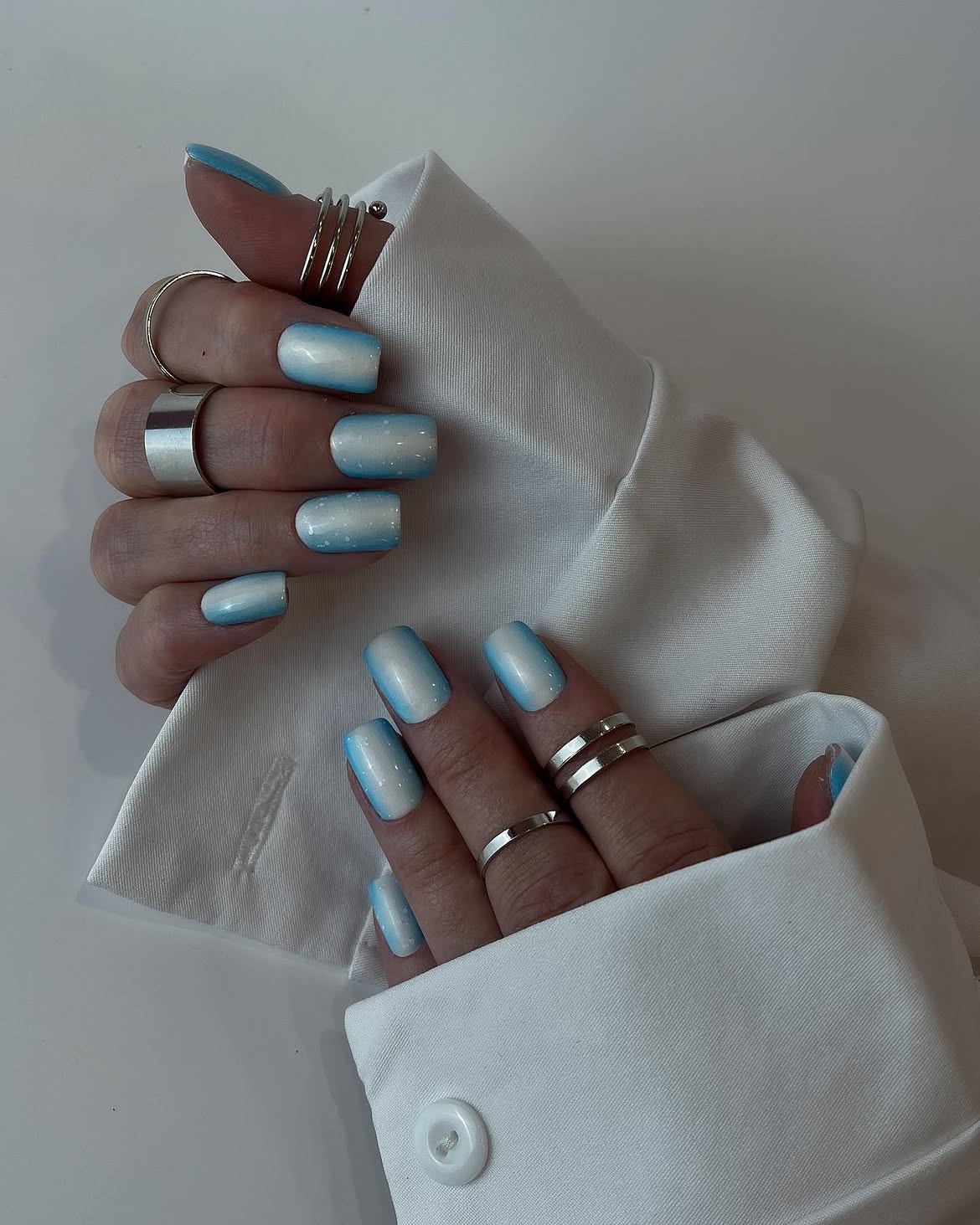 Blue Sky White Cloud French Ombre Nails
