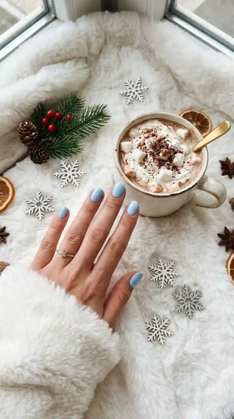 Short Milky Baby Blue Almond Nails Short Milky Baby Blue Almond Nails — Blue Winter Nails