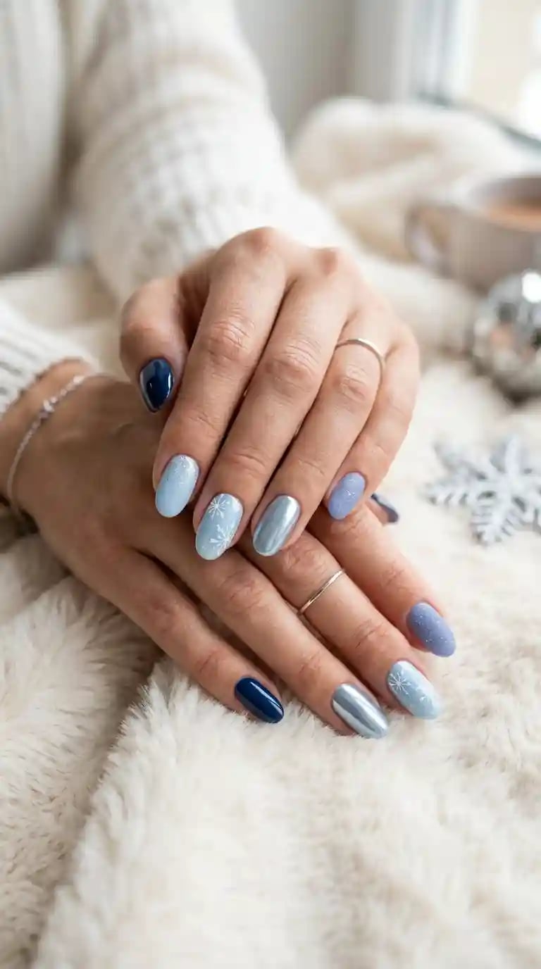 Short Almond Multi-Shade Blue Snowflake Nails Short Almond Multi-Shade Blue Snowflake Nails — Blue Winter Nails