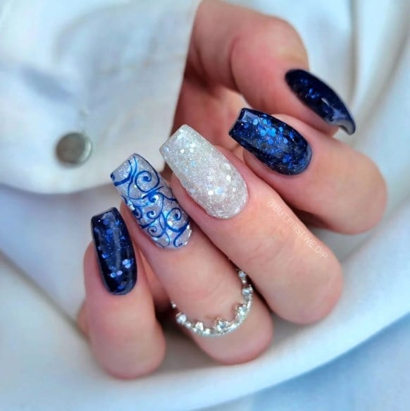 Long Coffin Blue Silver Glitter Swirl Nails Long Coffin Blue Silver Glitter Swirl Nails — Blue Winter Nails