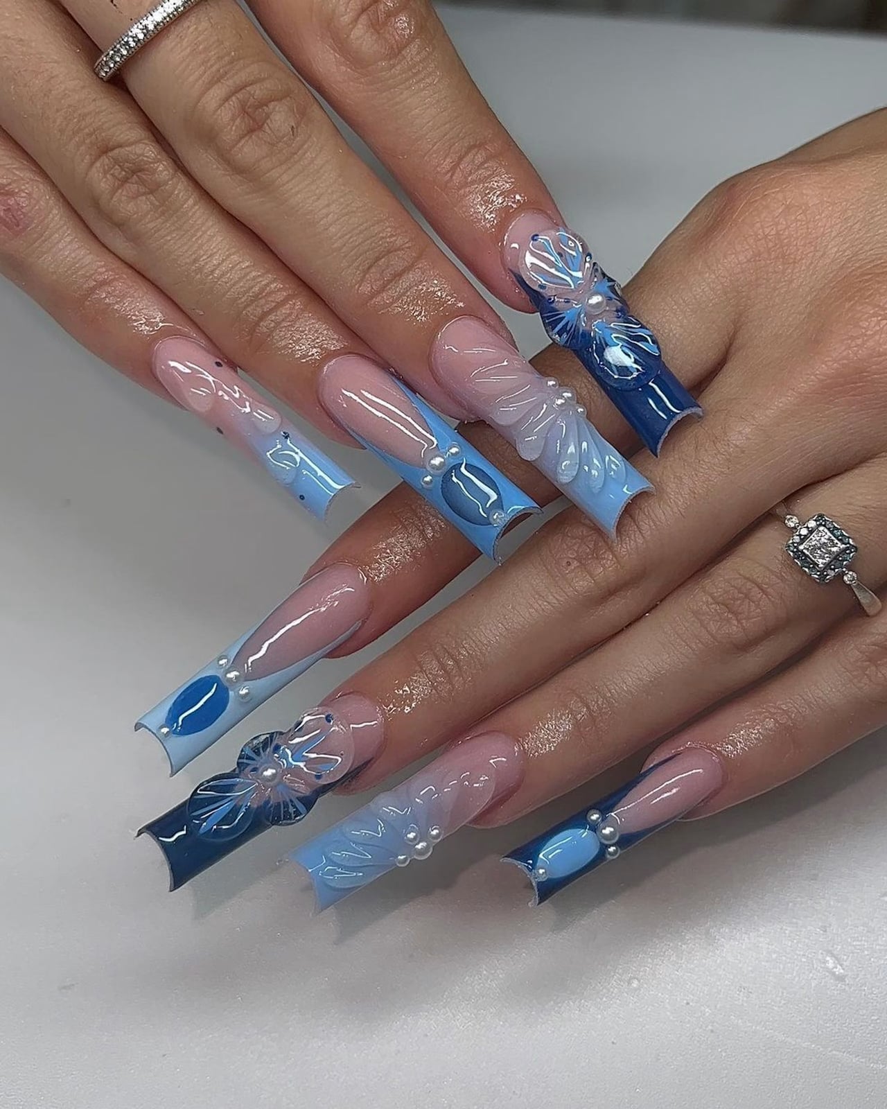 Extra Long Coffin Pink to Blue Ombre Pearl Floral Nails Extra Long Coffin Pink to Blue Ombre Pearl Floral Nails — Blue Winter Nails