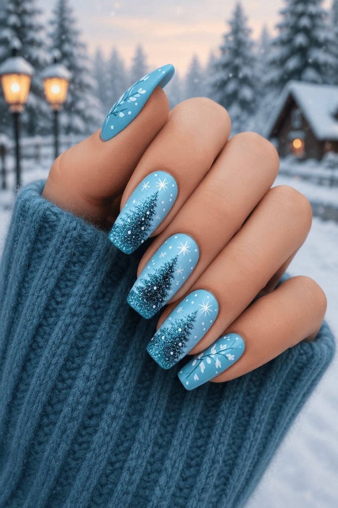 Long Coffin Matte Blue Winter Forest Scene Nails Long Coffin Matte Blue Winter Forest Scene Nails — Blue Winter Nails