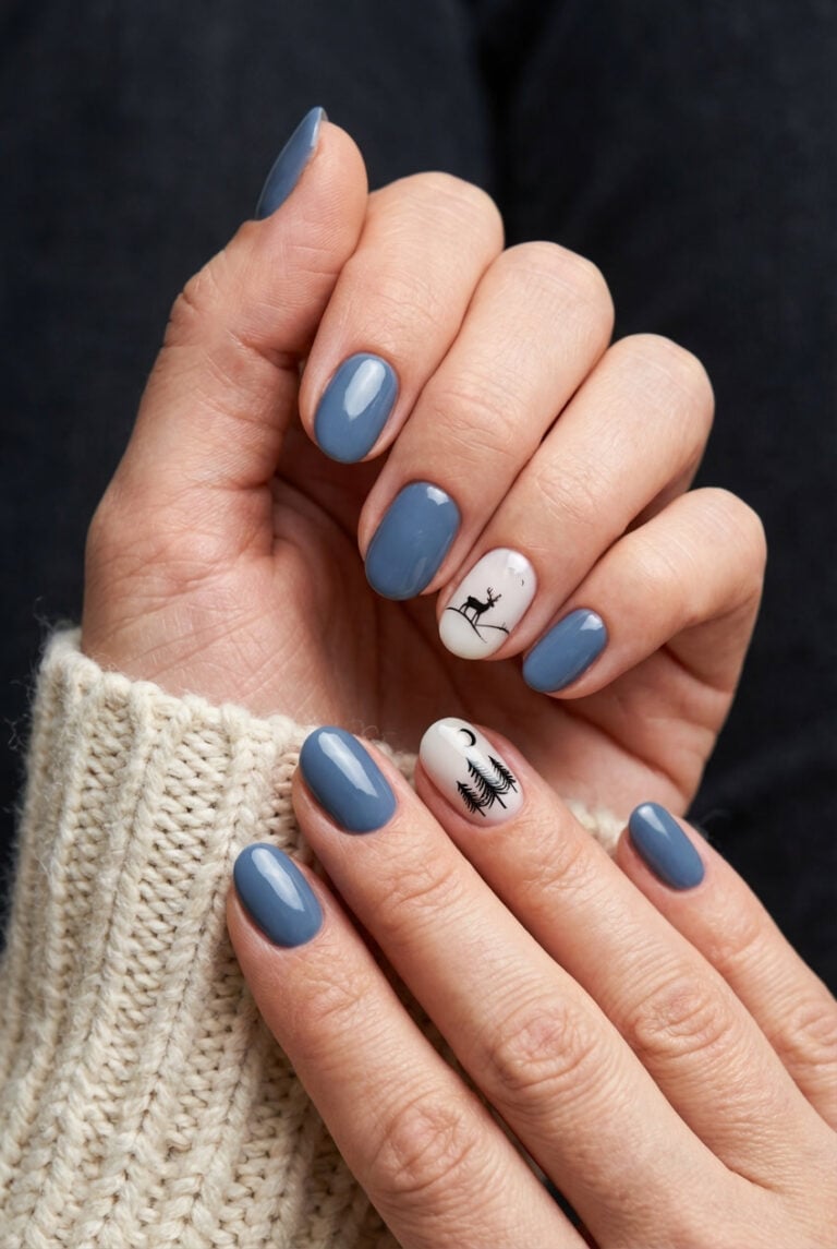 Short Oval Muted Blue Winter Scene Nails Short Oval Muted Blue Winter Scene Nails — Blue Winter Nails