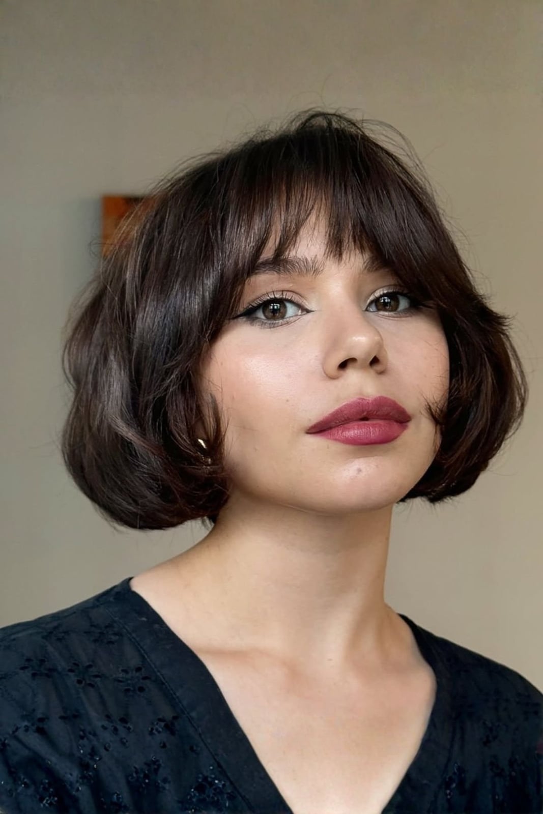 Thick Wavy Chin Length Bob With Curtain Bangs — Blunt Bob