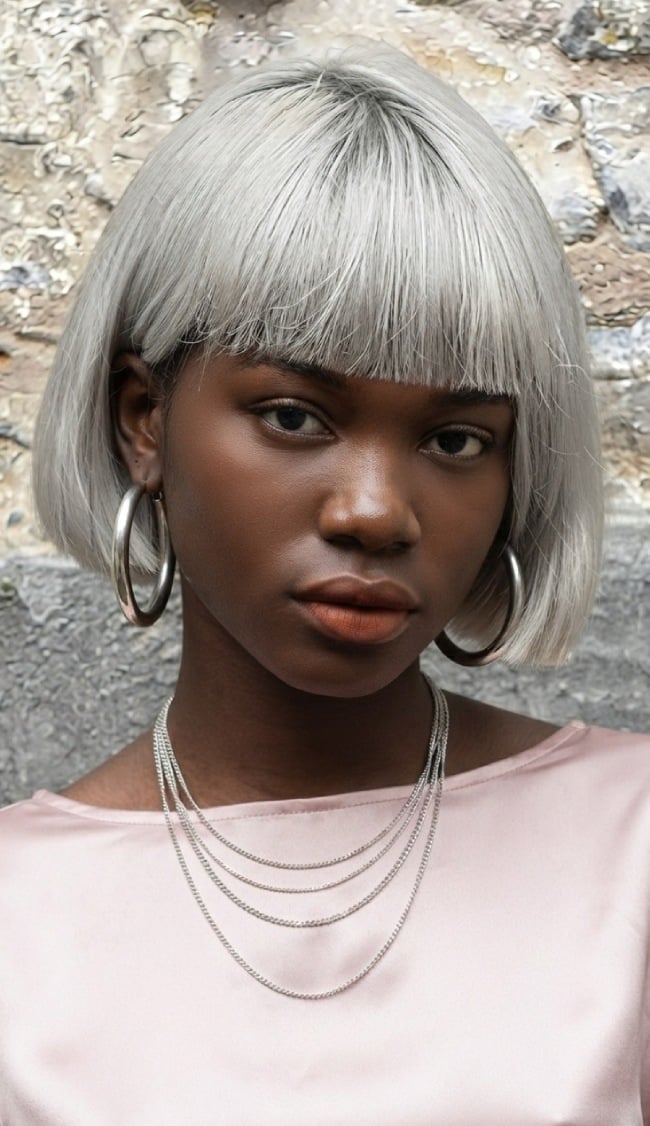 Edgy Silver Chin Length Bob With Blunt Bangs — Blunt Bob