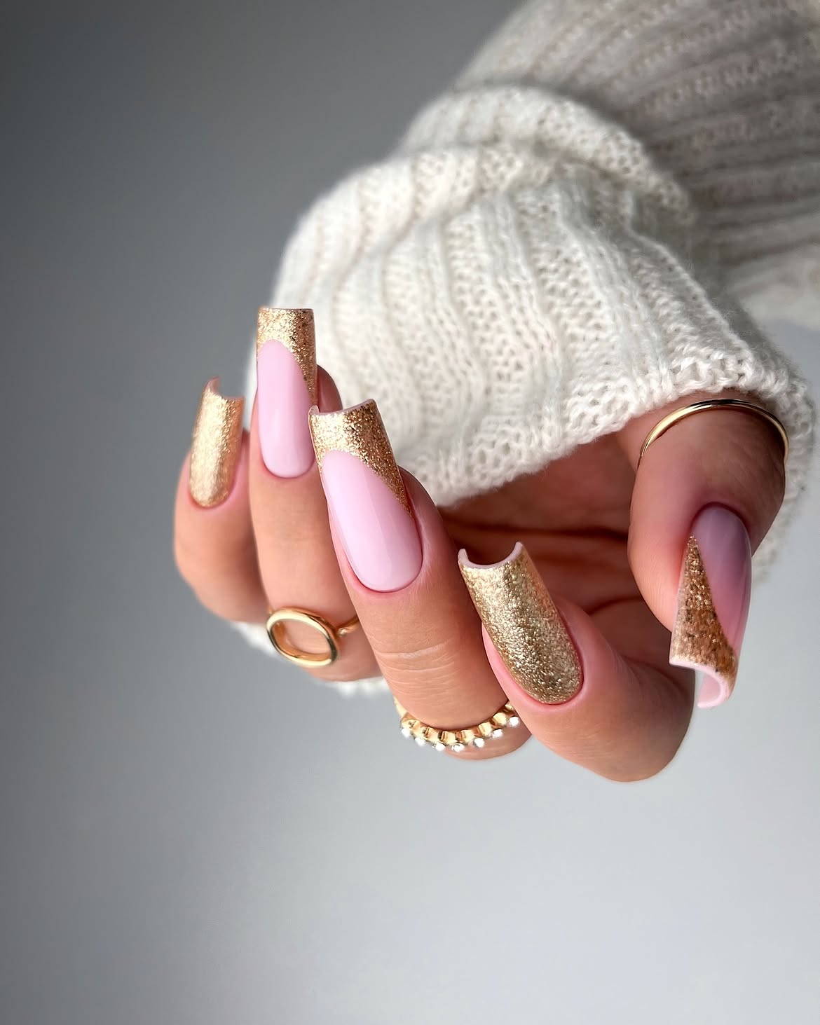 Blush Pink and Gold Glitter French Tips