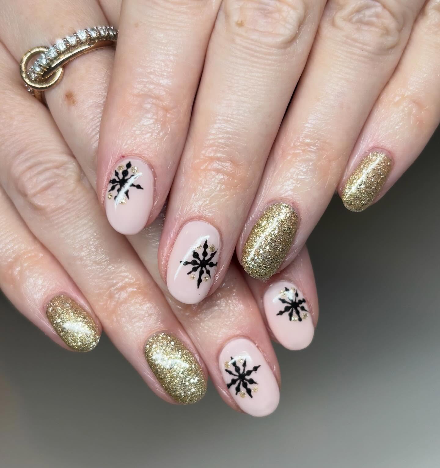 Blush Pink Snowflake Glitter Oval Nails