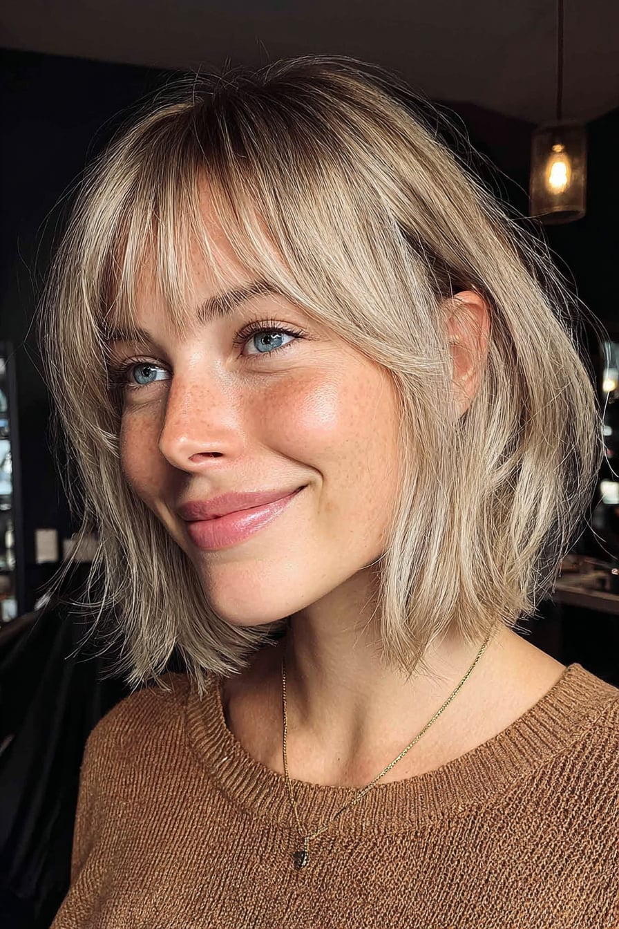 Textured Bob With Soft Curtain Bangs — Bob for Fine Hair