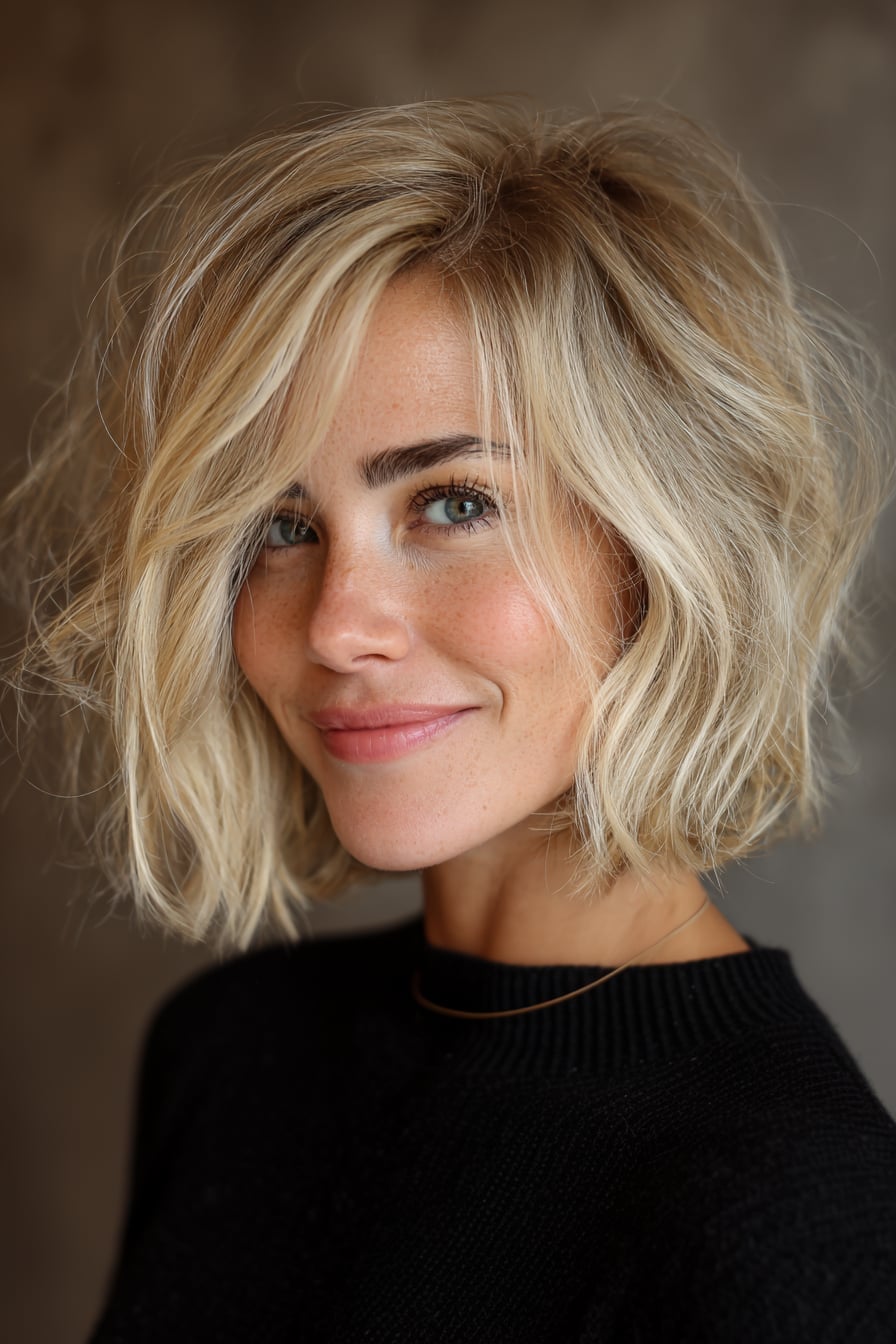 Chin Bob Textured Waves Side-Swept Bangs — Bob for Fine Hair