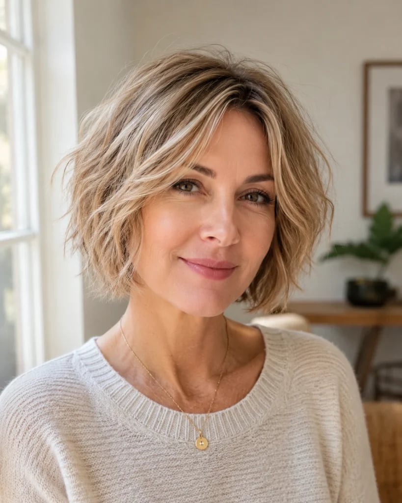 Collarbone Bob Wavy Blowout Curtain Bangs — Bob for Fine Hair