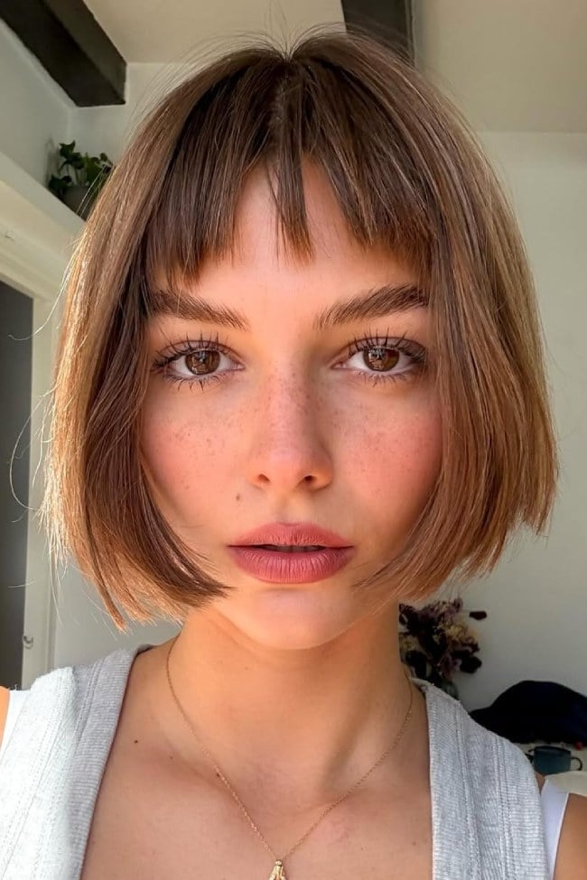 Light Brown Blunt Bob Micro Bangs — Bob for Fine Hair