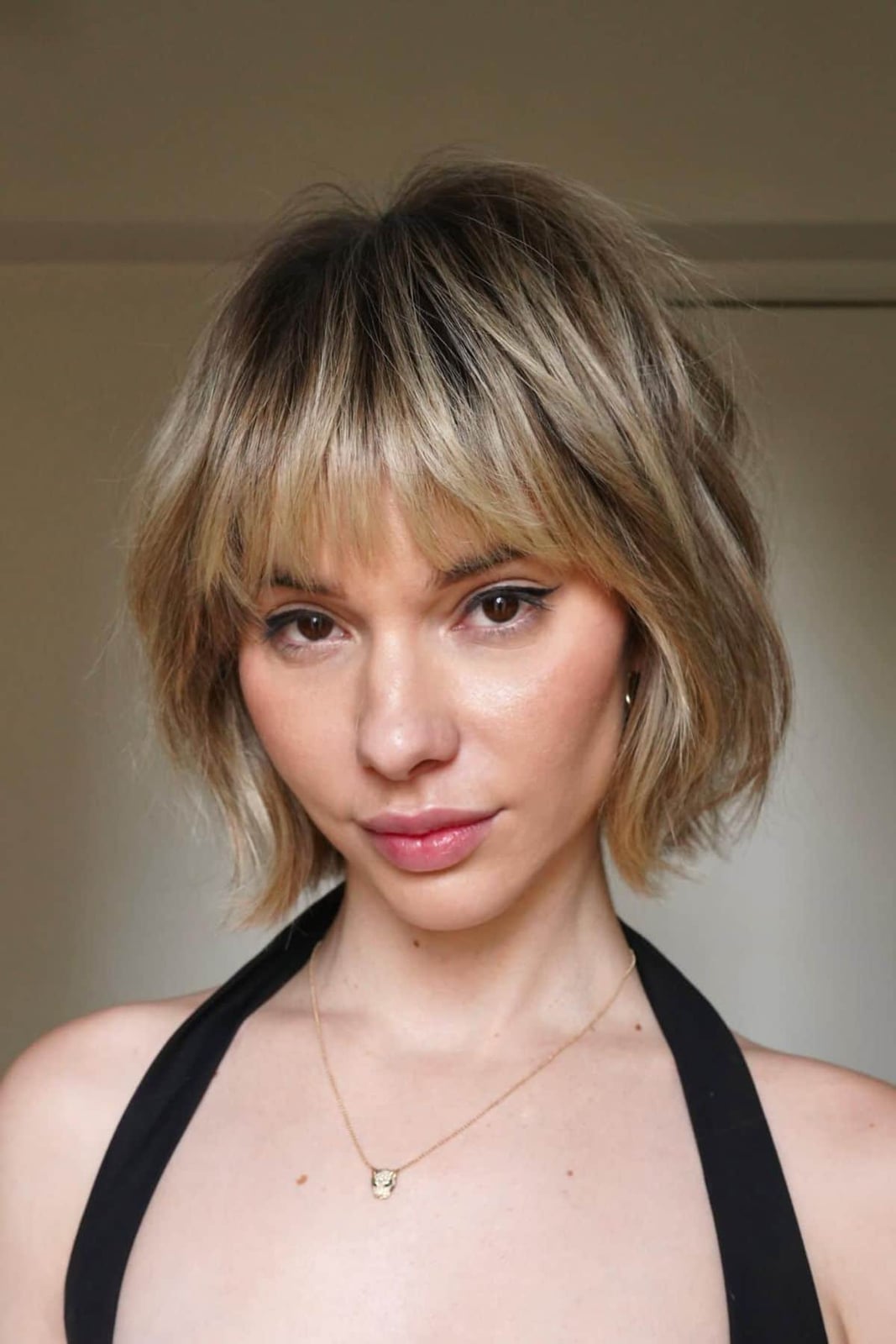 Chin Bob With Textured Curtain Bangs and Ash Blonde With Highlights — Bob for Fine Hair