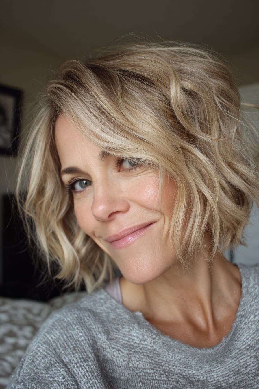 Chin Bob With Ash Blonde Highlights and Curtain Bangs, Close-Up Take — Bob Hairstyles