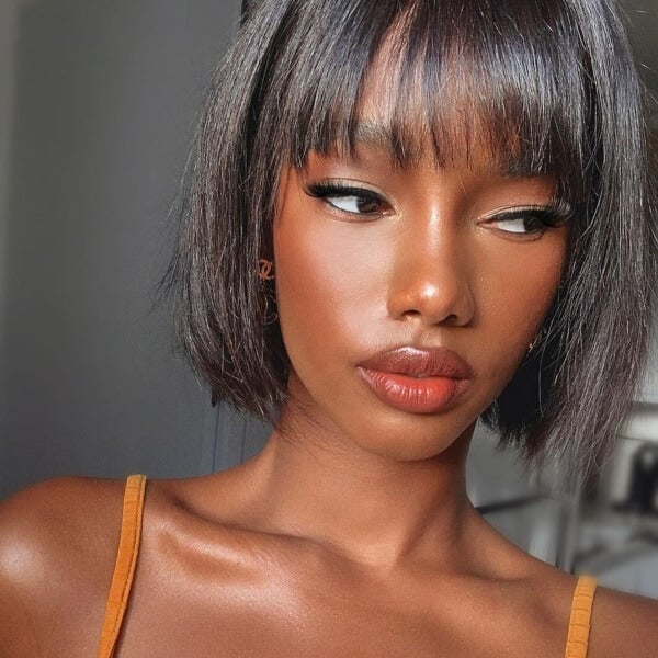 Sleek Dark Brown Chin Bob With Blunt Bangs and Emphasizing The Sharp — Bob Hairstyles