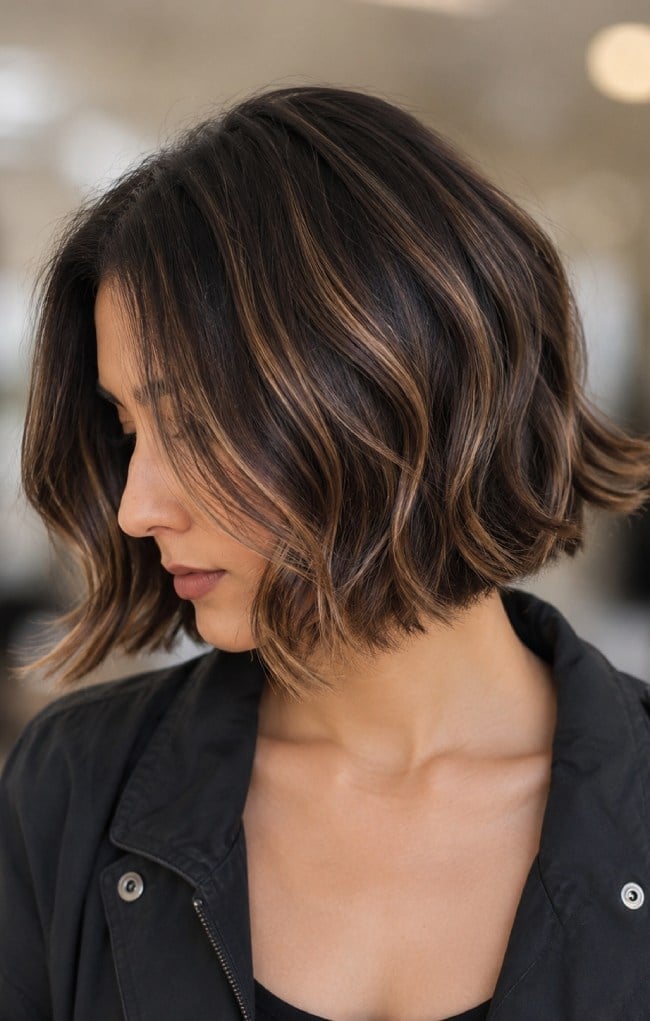 Collarbone Textured Bob With Caramel Highlights — Bob with Highlights