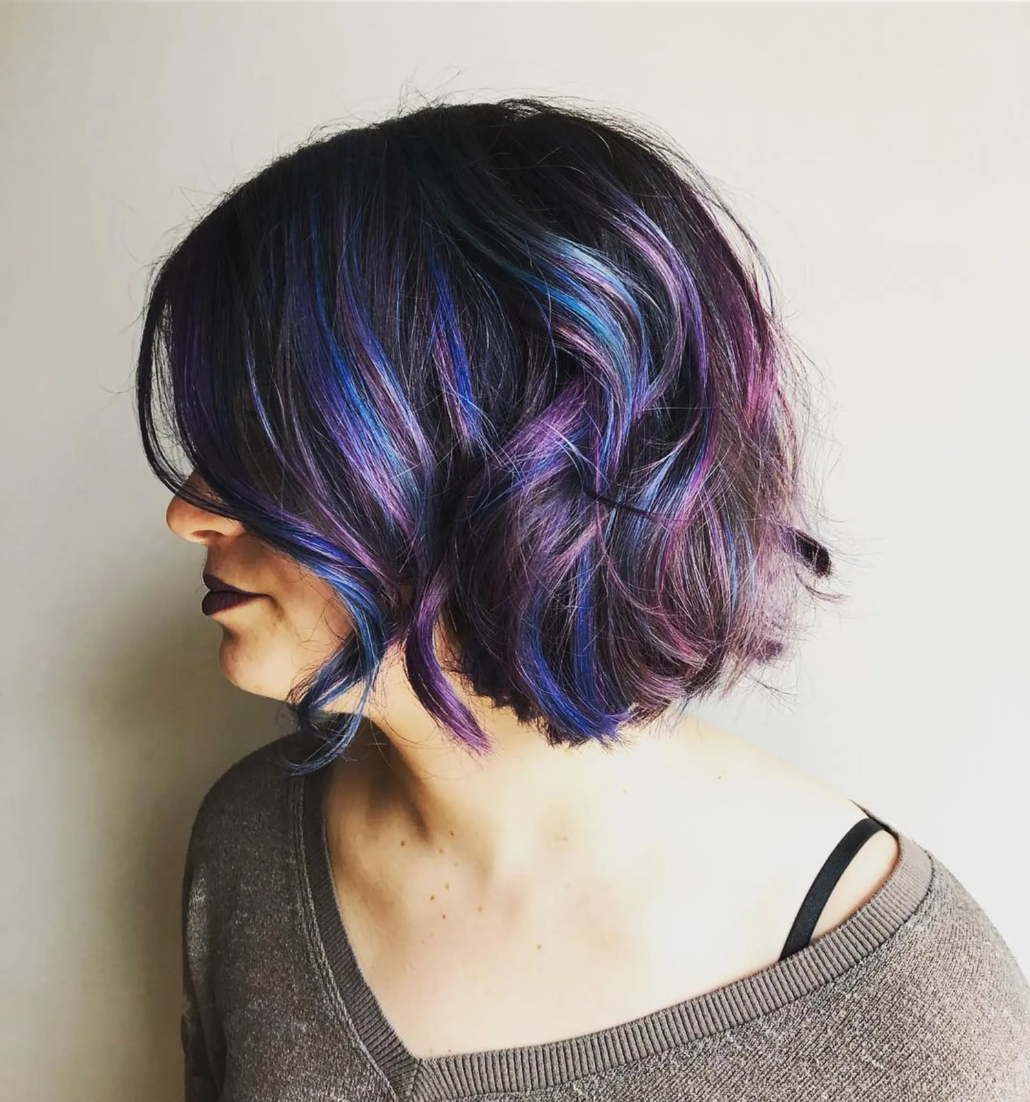 Chin Length Bob With Blue And Purple Highlights — Bob with Highlights