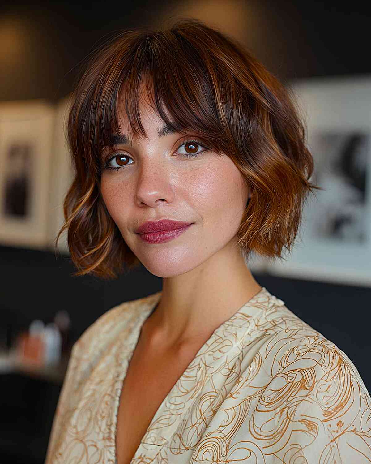 Chin Bob With Short Bangs And Copper Highlights — Bob with Highlights
