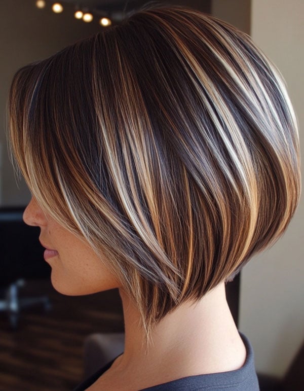 Chin Length Bob Side Swept Bangs Bold Highlights — Bob with Highlights