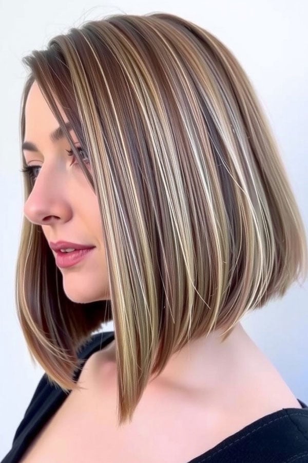 Collarbone Angled Bob Dark Brown Blonde Highlights — Bob with Highlights