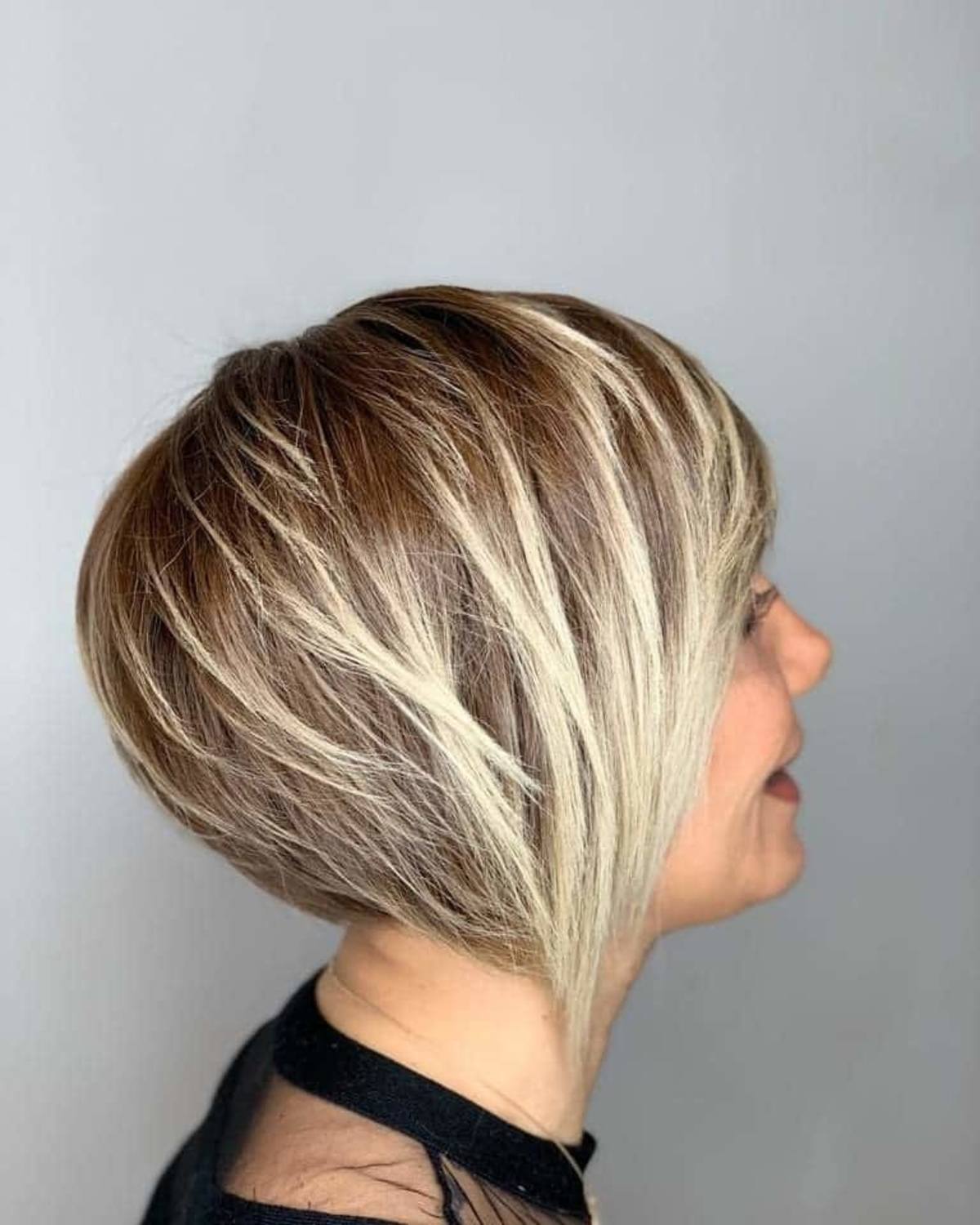 Chin Length Stacked Bob Smooth Blowout — Bob with Highlights