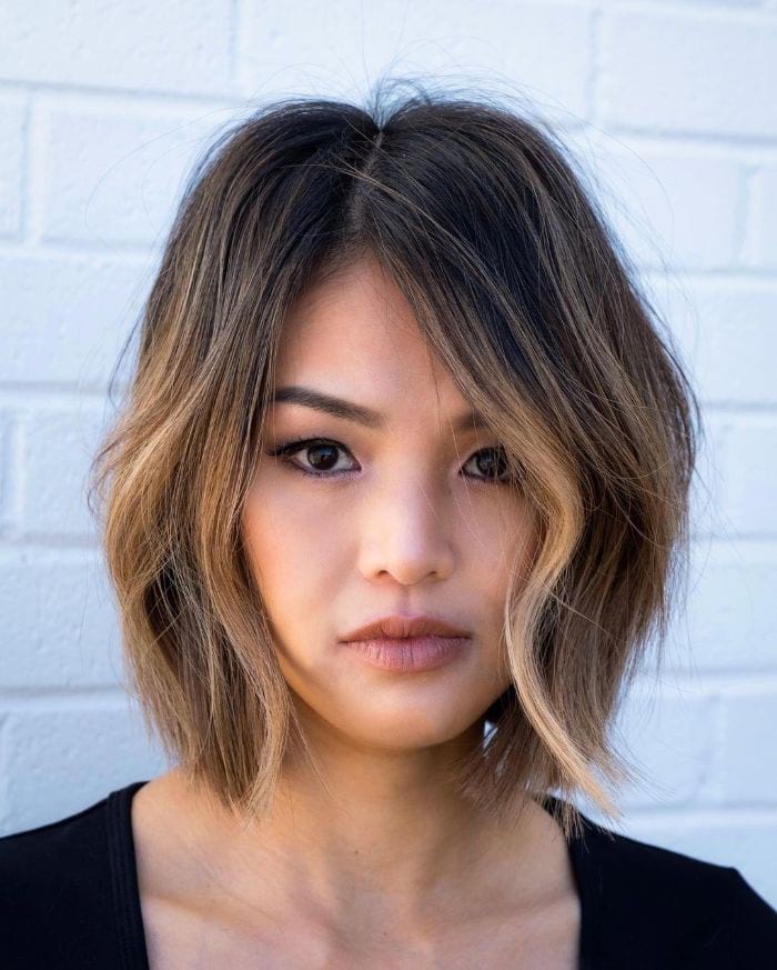 Chin Length Blunt Bob With Dark Brown And Blonde — Bob with Highlights