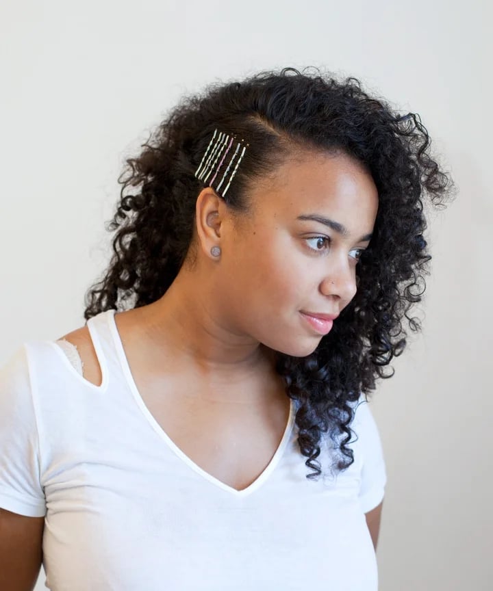 Shoulder Length Curly With Striped Pins and Side Swept Shoulder Length Curly With Striped Pins and Side Swept — Bobby Pins Hairstyles