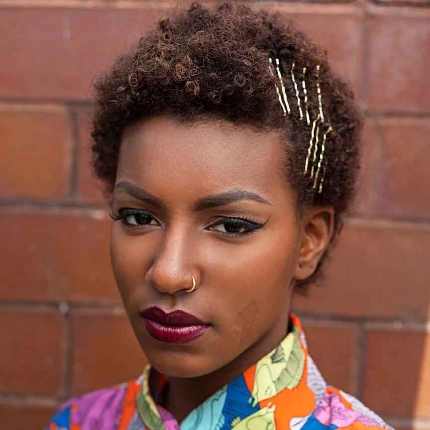 Short Coily Style With Decorative Pins Short Coily Style With Decorative Pins — Bobby Pins Hairstyles
