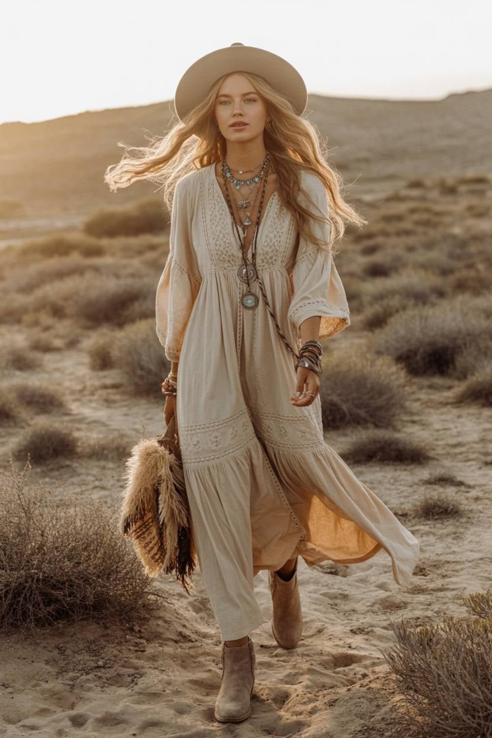 Embroidered Maxi Dress With Bell Sleeves — Boho Chic Outfits