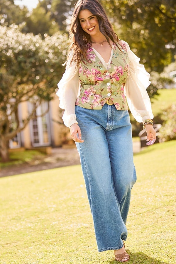 Floral Print Vest Over Sheer Blouse and Jeans — Boho Chic Outfits