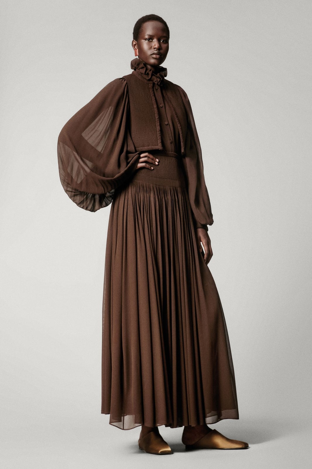 Brown Maxi Dress With Sheer Sleeves and Ruffled Neck — Boho Chic Outfits