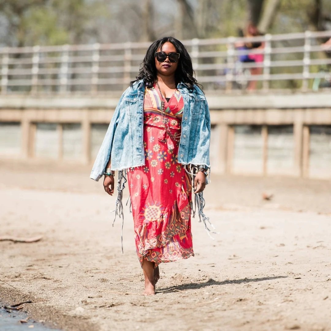 Fringed Denim Jacket Over Patterned Maxi Dress — Boho Chic Outfits