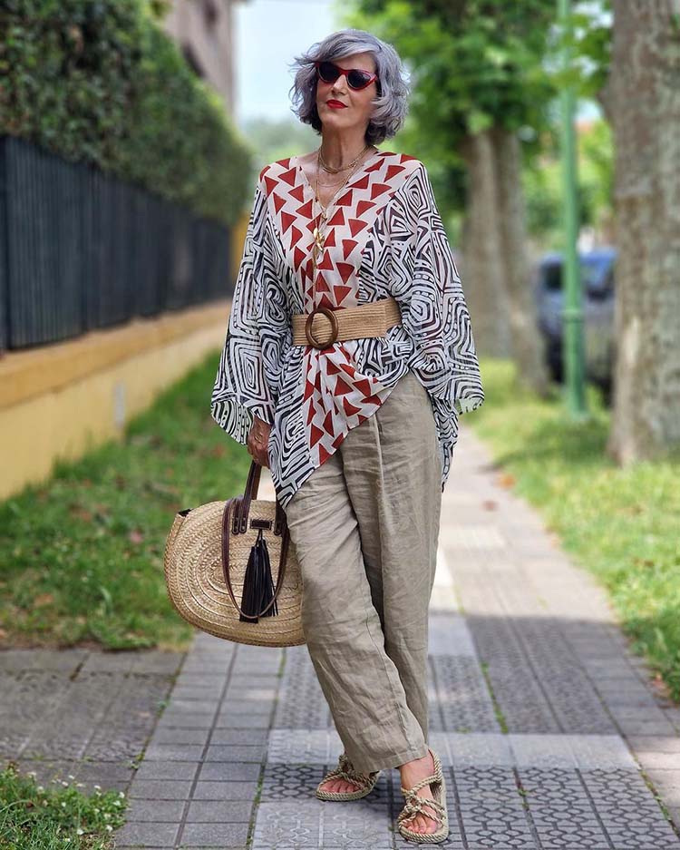 Geometric Print Tunic With Linen Trousers and Wide Woven Belt — Boho Chic Outfits