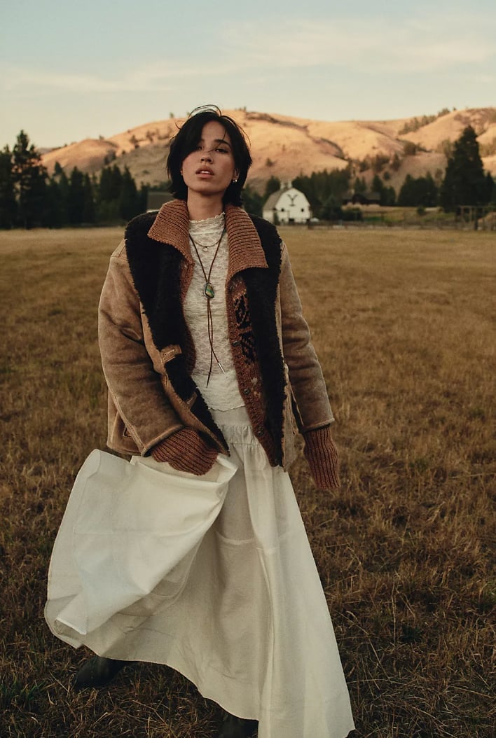 Shearling Jacket Over Lace Top and Maxi Skirt — Boho Chic Outfits