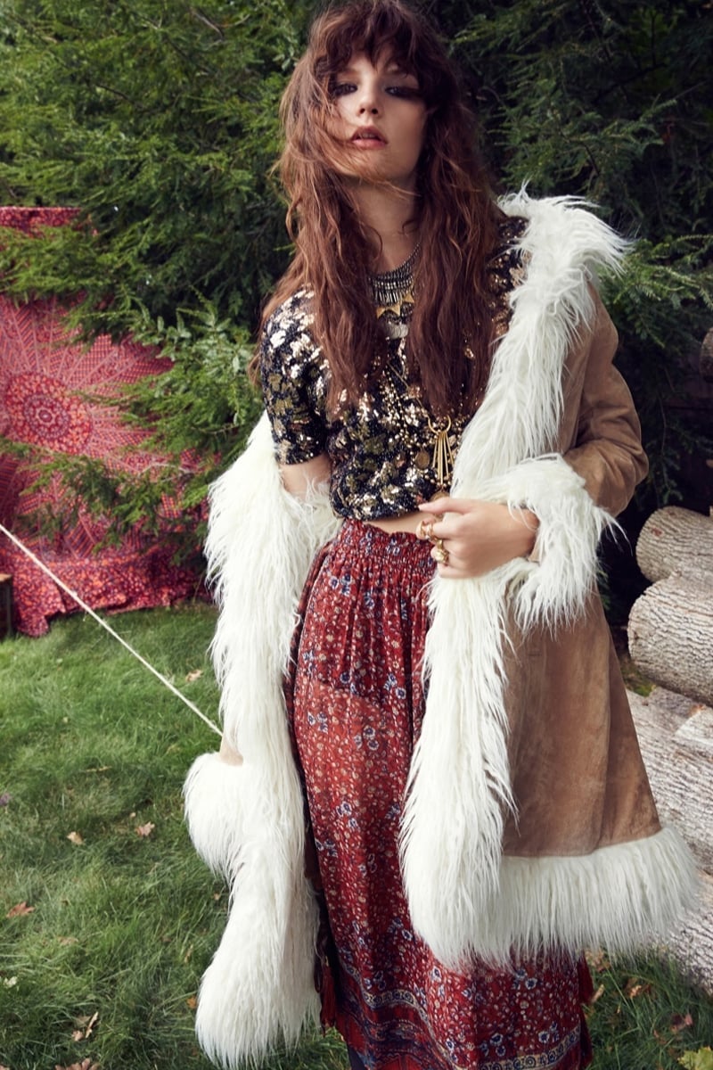 Fur-Trimmed Coat Over Sequined Top and Maxi Skirt — Boho Chic Outfits