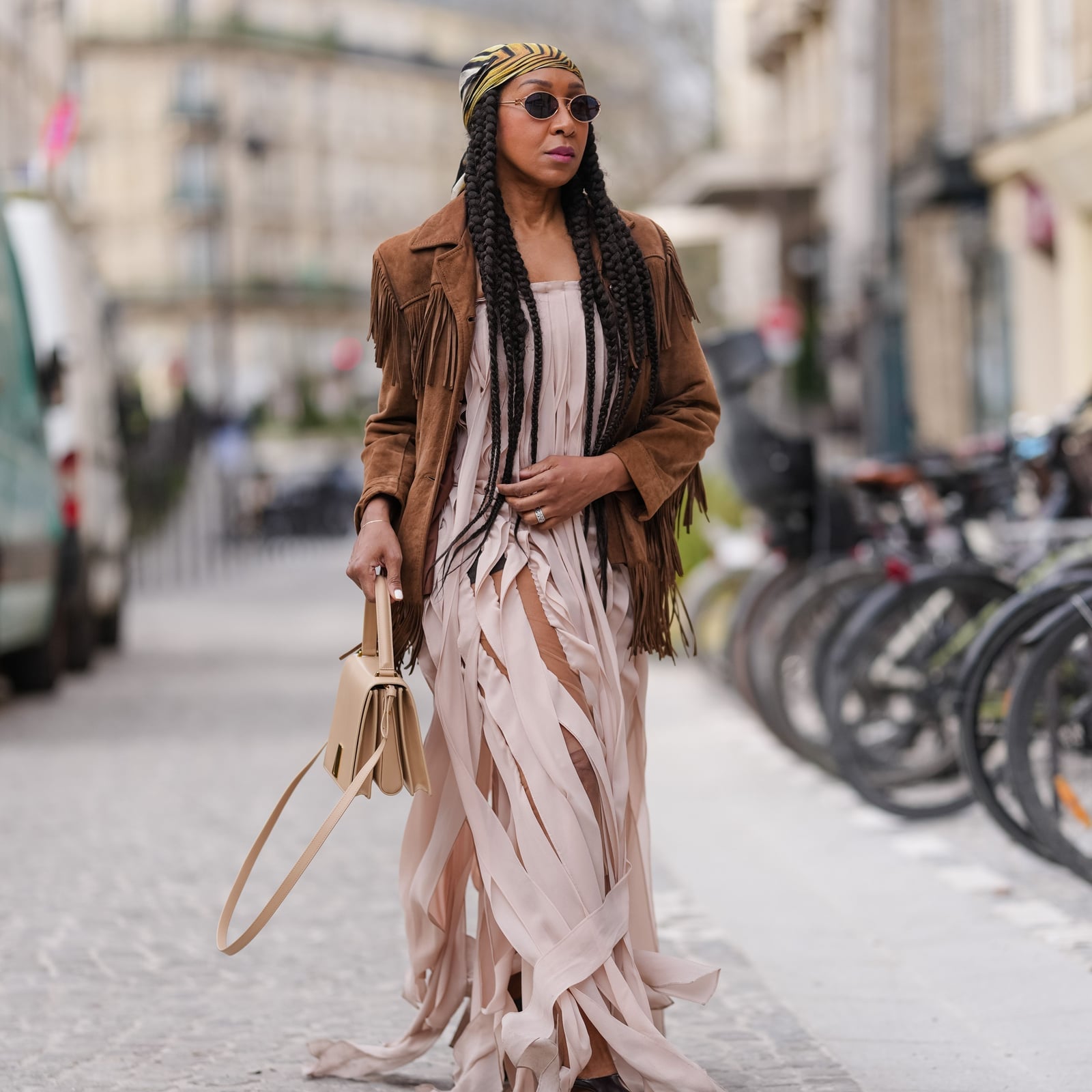 Suede Fringe Jacket Over Ribbon Dress — Boho Chic Outfits