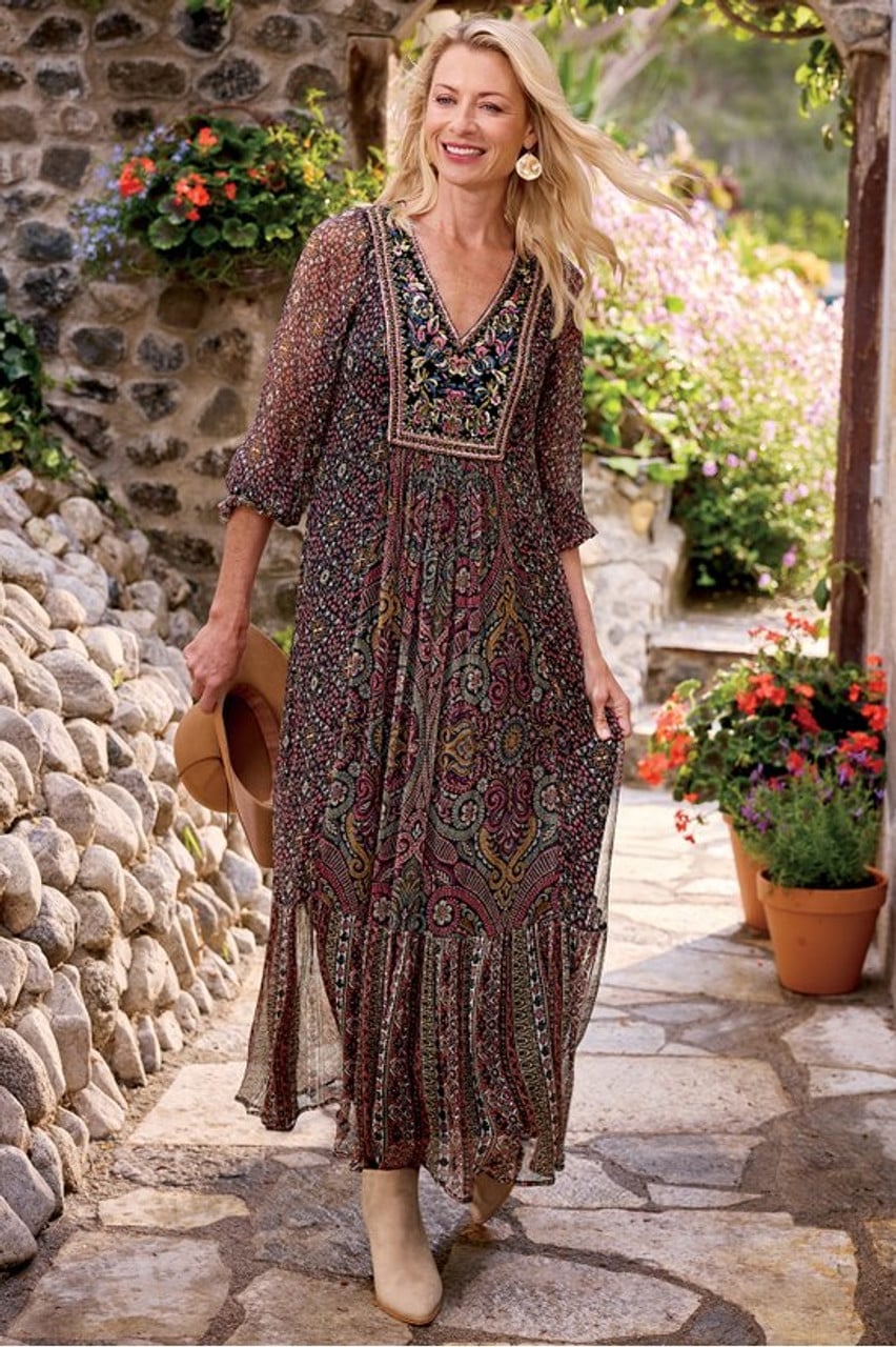 Ornate Printed Midi Dress With Sheer Sleeves — Boho Chic Outfits