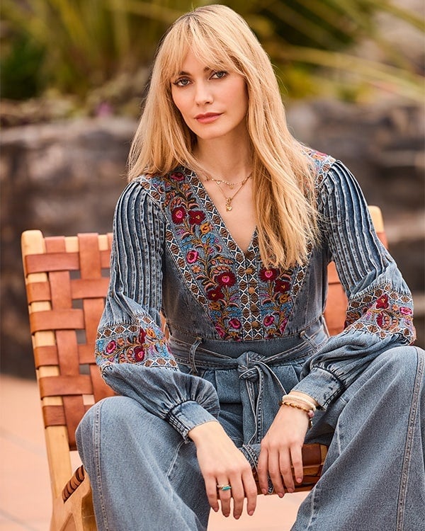 Denim Jumpsuit With Floral Embroidery — Boho Chic Outfits