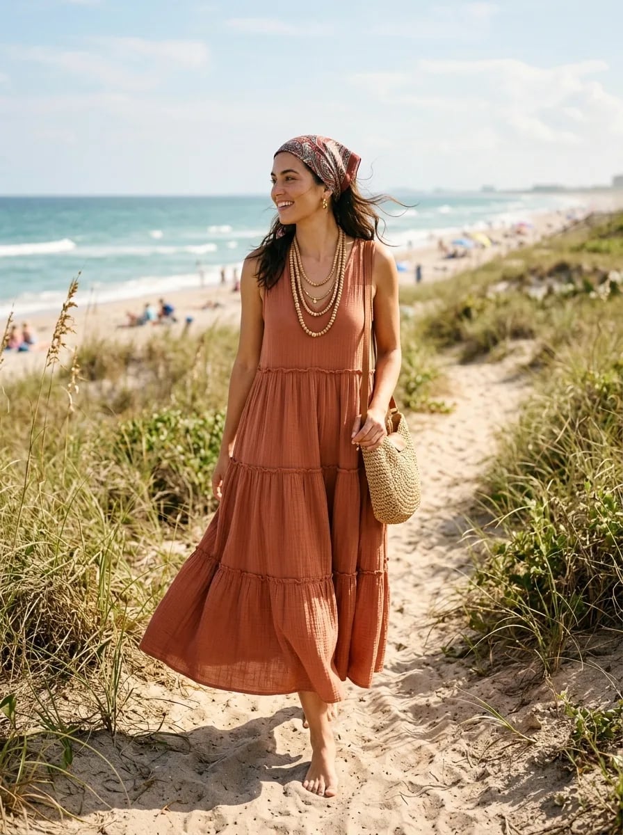 Terracotta Tiered Gauze Dress With Headscarf — Boho Chic Outfits