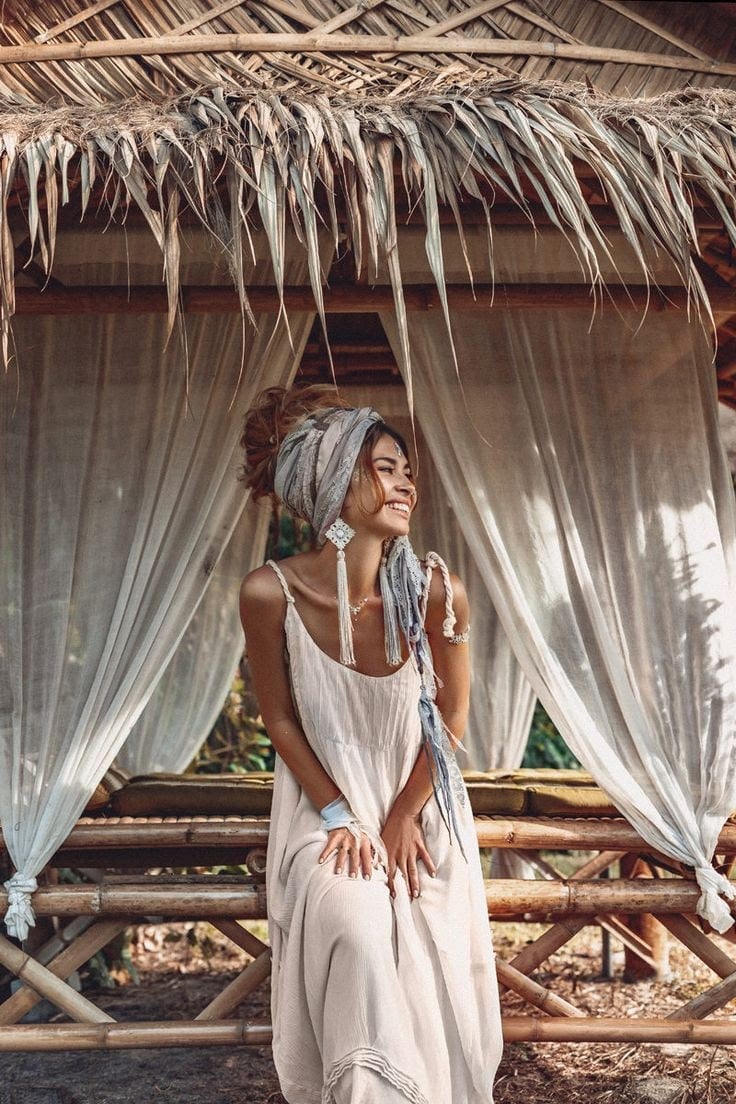 Slip Dress With Gray Headscarf — Boho Outfits