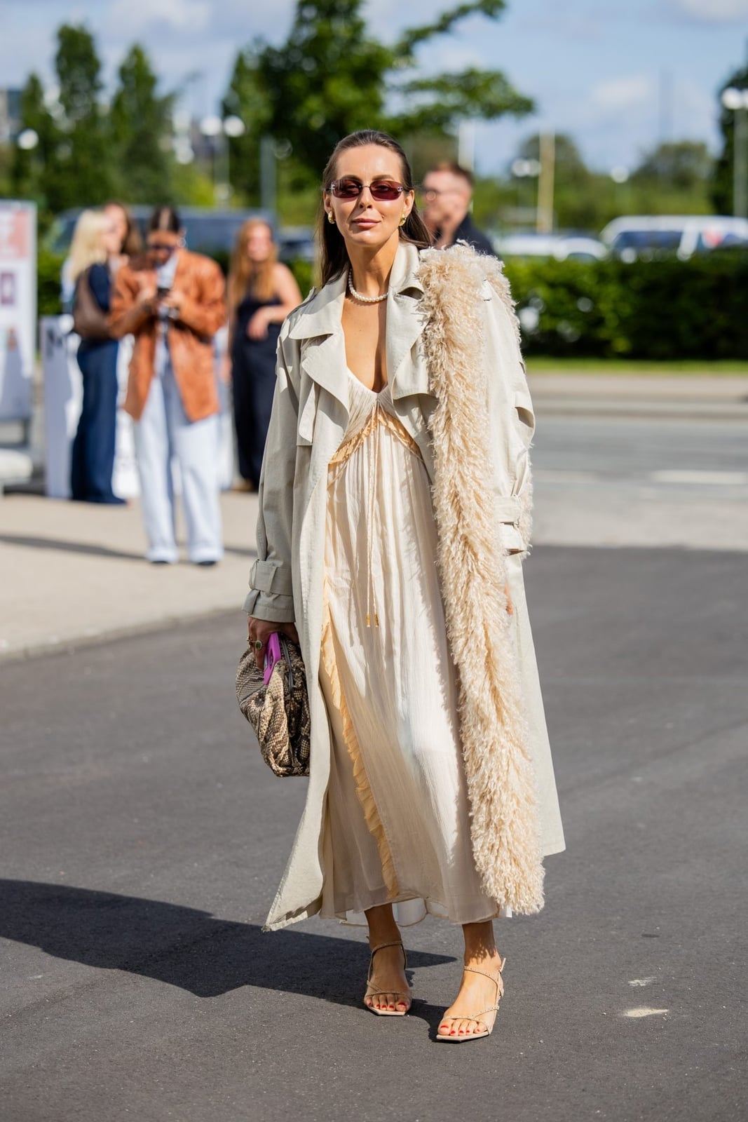Fur-Trimmed Trench Coat Over Maxi Dress — Boho Outfits