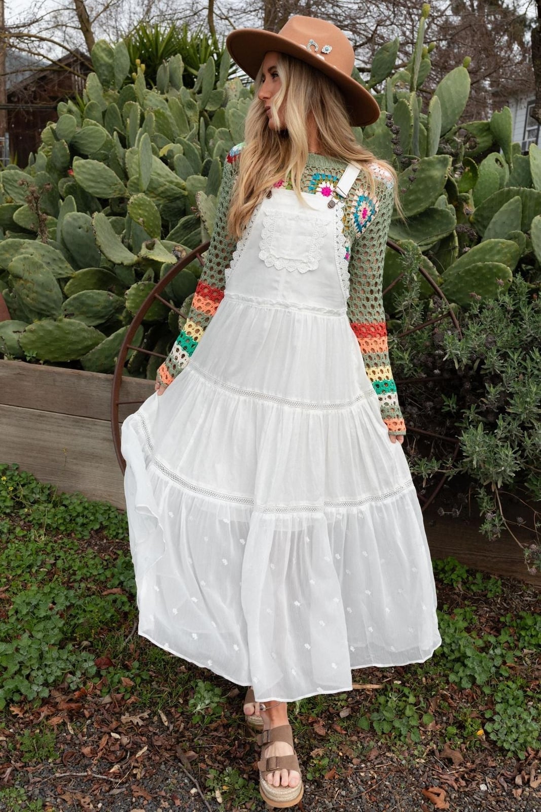 Crochet Sweater Over Tiered Maxi Dress — Boho Outfits