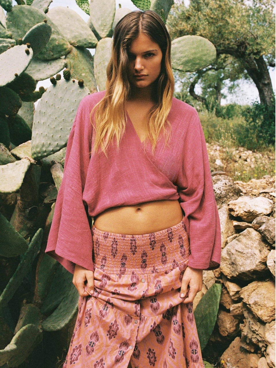 Wrap Blouse With Patterned Wide-Leg Pants — Boho Outfits