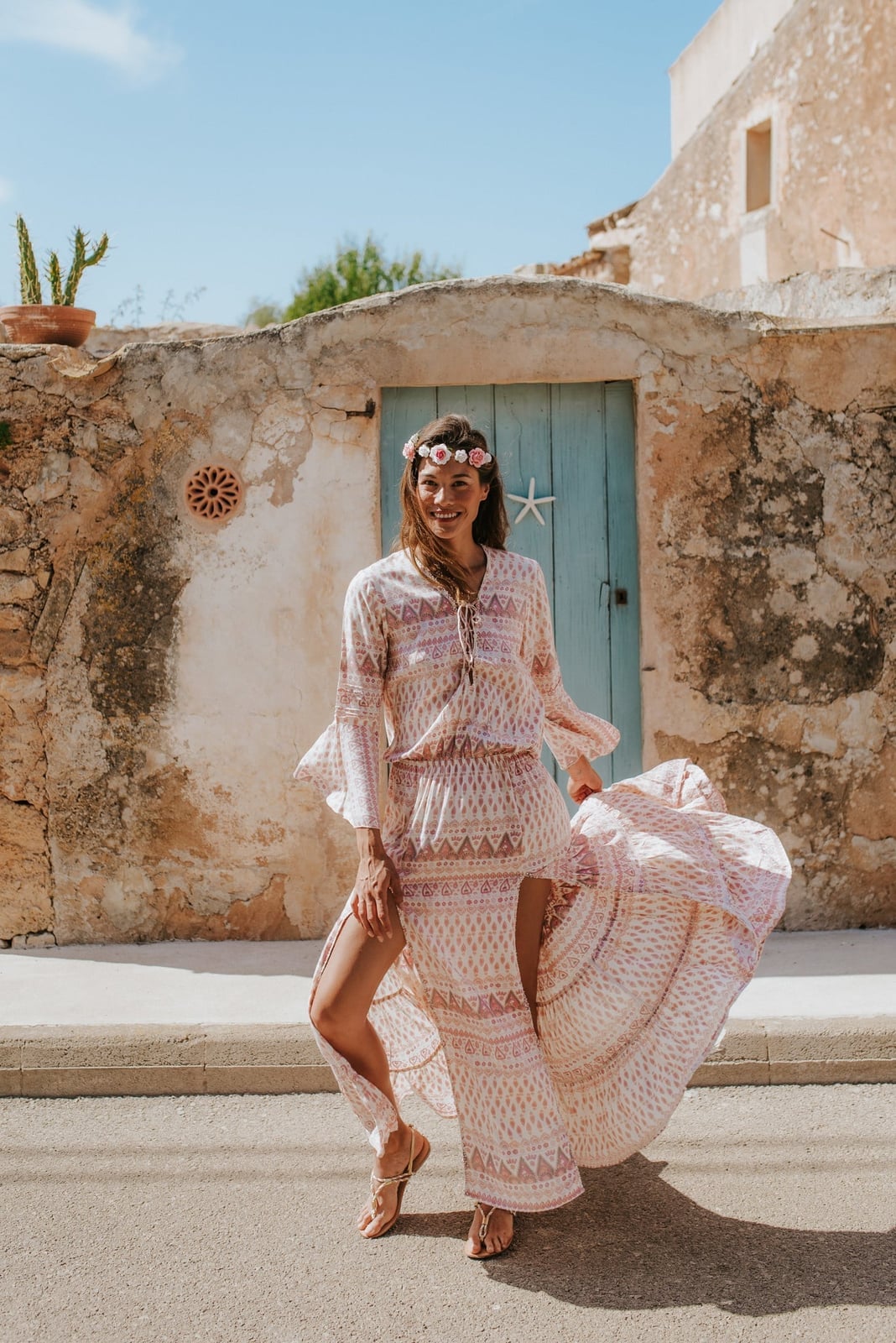 Bell Sleeve Maxi Dress With Flower Crown — Boho Outfits