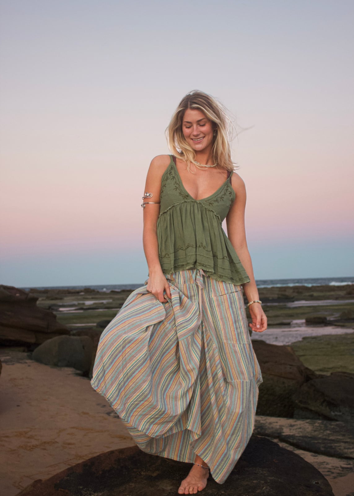 Embroidered Camisole With Striped Maxi Skirt — Boho Outfits